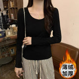 Shoulder Cotton Long-Sleeved U-Necked T-Shirt Women 2026 Early Spring And Autumn New Low-Round Collar Inside The Bottom Shirt Top