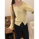 French Out-Of-Shoulder Button Open-Sleeved Knitted Shirt Girl Autumn Word On The Shoulder To Play The Bottom Of The Beautiful Short Top