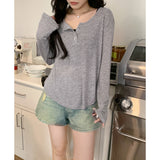 Gray Loose Lazy Wind Early Autumn Long Sleeves Sunscreen Air Conditioning Hood T-Shirt Girl Summer Half-Opened Collar Loose Feel Top