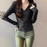 Korean Polo Collar Long-Sleeved Mask T-Shirt Women's Autumn And Winter New Design Feeling Folded Waist Unique Special To The Bottom Shirt