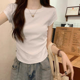 Wine Red Round Collar Straight Shoulder White Short-Sleeved T-Shirt Girl Summer Small Man Folded Waist Bow Blouse