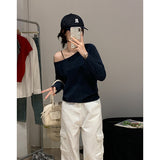 Gray Oblique Shoulder Long-Sleeved T-Shirt Girl Early Autumn Loose Word Shoulder Slack Feeling Hottie Sexy Unique Temperament Blouse