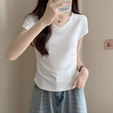 Shallow Powder Small Flying Sleeve Big V Neck Collar Collar Collar Folded Folded Waist Thin Design Short Sleeves On The Shoulder T-Shirt Girl Summer