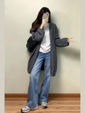 Grey Long Hooded Sweater Coat Women Early Autumn Korean Temperament Loose Lazy Slackness Knitted Open Shirt