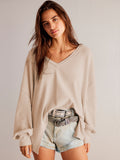 V-Necked Fashion Casual Waffling Shoulder Sleeves Sweater Movement Languid Autumn And Winter Top