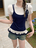 Chic Design Fake Two Round Collar Short-Sleeved T-Shirts In The Spring And Summer Hem Wood Ear Beautiful Stacked Inside The Top