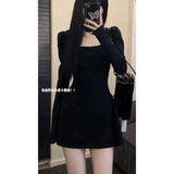 Long-Sleeved Retro Waist Thin Design Folding A-Word Dress Sweet Spicy Little Black Dress Korean Early Autumn New Woman
