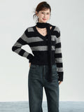 Crash Color V-Neck Striped Around The Neck Long-Sleeved Knitted Shirt Women's Autumn And Winter Coat Wearing Sweaters And Bottoms Inside The Shirt