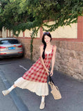 Blue Lattice Dress Dress Dress Dress Women Summer New Fake Two Splicing Lace Niche Design Long Dress