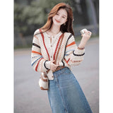 Colored Striped Sweater Women's Autumn And Winter New External Wearing Loose Lazy Hooves Crochet Coat Tide