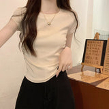 2026 Summer New Dopamine Light Blue Collar Front Shoulder Short Flying Sleeve T-Shirt Folds To The Waist Thin Top Lady