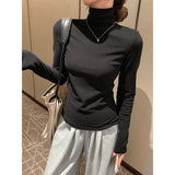 Blue Pile Collar Grinding Long-Sleeved T-Shirt Women's Autumn And Winter New High-Collar Plus Velvet Thick Inside The Bottom Shirt Small Top