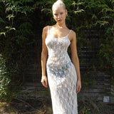 2025 Summer Women's Lace Transparent Slings Mid-Length Skirt Burst Fashion Sexy Dress