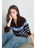Striped Half-Zip Collar Collar Hooded Sweater Jacket Women's Autumn/Winter 2025 New Lazy Wind Wears Long-Sleeved Knitted Shirt