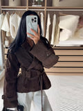 Hot Autumn Vintage Brown Lintd Collar Jacket Jacket 2025 Women's New