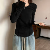 White Long-Sleeved Bottom Shirt Women In Autumn And Winter With A Short Fish Bone Top Design Embroidered Plus Velvet Hair T-Shirt