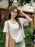 Korean Chic Nail Bead Design Sense Niche Shoulder Short Sleeve Round-Neck T-Shirt Beautiful New Unique Top