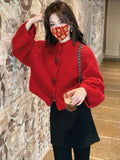Korean Vintage Soft Gring Flower Red Sweater Women's Winter High Sense New Year Thick Short Knitted Open Shirt