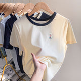 Apricot Short-Sleeved Women's Clothing 2026 Summer New Design Embroidered T-Shirt Thin Waffles Thin Top