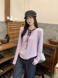 Pink Striped Strap Design Sense Round Collar Long-Sleeved T-Shirt Women Early Autumn Loose Lazy Bottom Shirt Inside The Top