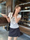 New Ballet Style Lace Splicing U-Neck Short-Sleeved T-Shirt Spring Women's Bow Wood Ear Temperament Beautiful Top