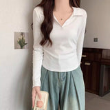 Korean Polo Collar Long-Sleeved Mask T-Shirt Women's Autumn And Winter New Design Feeling Folded Waist Unique Special To The Bottom Shirt