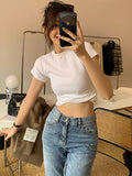 T-Shirt Women Shoulder Short Sleeves Of European Goods 2025 New Thin Round-Neck Shirt Folded Bottom Tops Body Truss