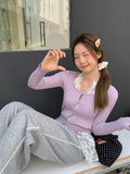 Korean Purple Low-Circle Collar Hollow Button Long-Sleeved Knitted Cardigan Women's Spring New Body To Put On The Bottom Of The Top