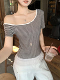 Summer Ootd Wearing Striped Collar Short-Sleeved T-Shirt Women's Lace Side Hem A Word Collared Hairdress