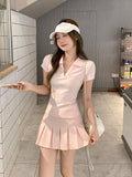 Summer Beautiful Pink Polo Collar Straight Shoulder Short-Sleeved T-Shirt Girl Slim Slimmed Beautiful Embroidered Top