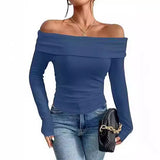 2025 Women's Out-Shoulder Long Sleeves And A Word Shoulder Women's Top T-Shirt Fashion