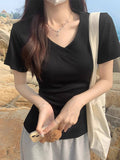 Low-Necked Collar Collar Collared Front Shoulder Half-Sleeved White Short-Sleeved T-Shirt Girl Sweet Hottie Tight Waist Small Summer Coat