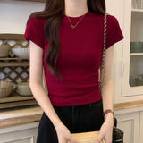Red Retro Short White Women's Top Summer Tight Shoulder Sweet Hottie French Chic Short-Sleeved T-Shirt