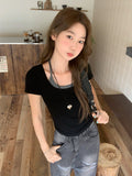 College Wind Fake Two Shoulder Short-Sleeved T-Shirt Women 2026 Summer New Slimming Unique Beauty Blouse