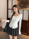 Half-Open Collar Two Lace Splicing Long-Sleeved T-Shirt Women 2026 Early Autumn Wood Ear Design Bottom Shirt Top