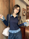 Fake Two POLO Collar Stitching Bump Color Long-Sleeved T-Shirt Women 2026 Early Autumn New Design Button Top