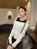 Black And White Spliced Shoulder Long-Sleeved T-Shirt Women 2026 Regular Hottie Repair Fake Two-Piece Top
