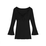 Brown Sexy V-Necked Long-Sleeved Dress Woman Autumn Lace Inside The Little Mother Dress Tight Waist-Up Ass Skirt