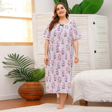 Spring And Summer Plus Code Lady Home Dress Skirt Short-Sleeved Lace Splicing Four-Sided Bullet Print Home Pajamas Woman
