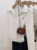 Pure Cotton Shoulder-To-Shoulder Collar Long-Sleeved T-Shirt For Women's Autumn And Winter Polo Collar Pure Desire To Collect Skinny Small Short-Sized Bottom Shirt