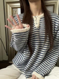 Korean Vintage High-Sense Blue Striped Long-Sleeved Knitted Sweater Women's Autumn And Winter 2025 Loose Coat