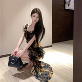 French Lotus Foliage Crumice Sling Dress Women's Summer Timetie Dress Open Fork To Pack Hip Skirt