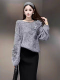 Korean Languid Three-Dimensional Flowers Purple Knitted Shirt Women 2025 Autumn And Winter New Loose Thin Sweater Top Tide