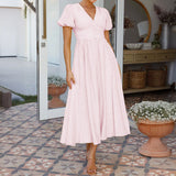Dili 2025 Spring/Summer Leisure Commuting Holiday Wind V. Collar High-Waist Short-Sleeved Open-Fork Dress Woman
