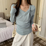 French Collar Long Sleeve Bottom Knitted Shirt Women's Autumn Side Folded Waist Inclined Angle Shoulder Sweet Spicy Chic Inside The Top