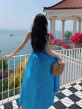 French Blue Sling Dress Seaside Holiday Dress High Quality Waist Big Skirt Beach Dress Summer