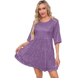 New Burst Fashion Solid Color Loose Waist Short-Sleeved Skirt Dress Banquet Squin Dress
