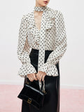 New French Bow Ribbon Wave Dot Card Dotted Shirt Women Autumn Long-Sleeved Temperament Ribbon Blouse