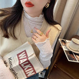 2026 Autumn And Winter New Velvet Warm Slim Slim Thin Long Sleeve T-Shirt T-Shirt Women Half-High Collar Lace Blouse