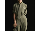 New Independent Tie Long-Sleeved Shirt + High Waist-Hanging Casual Broad-Legged Trousers Temperament Two-Set